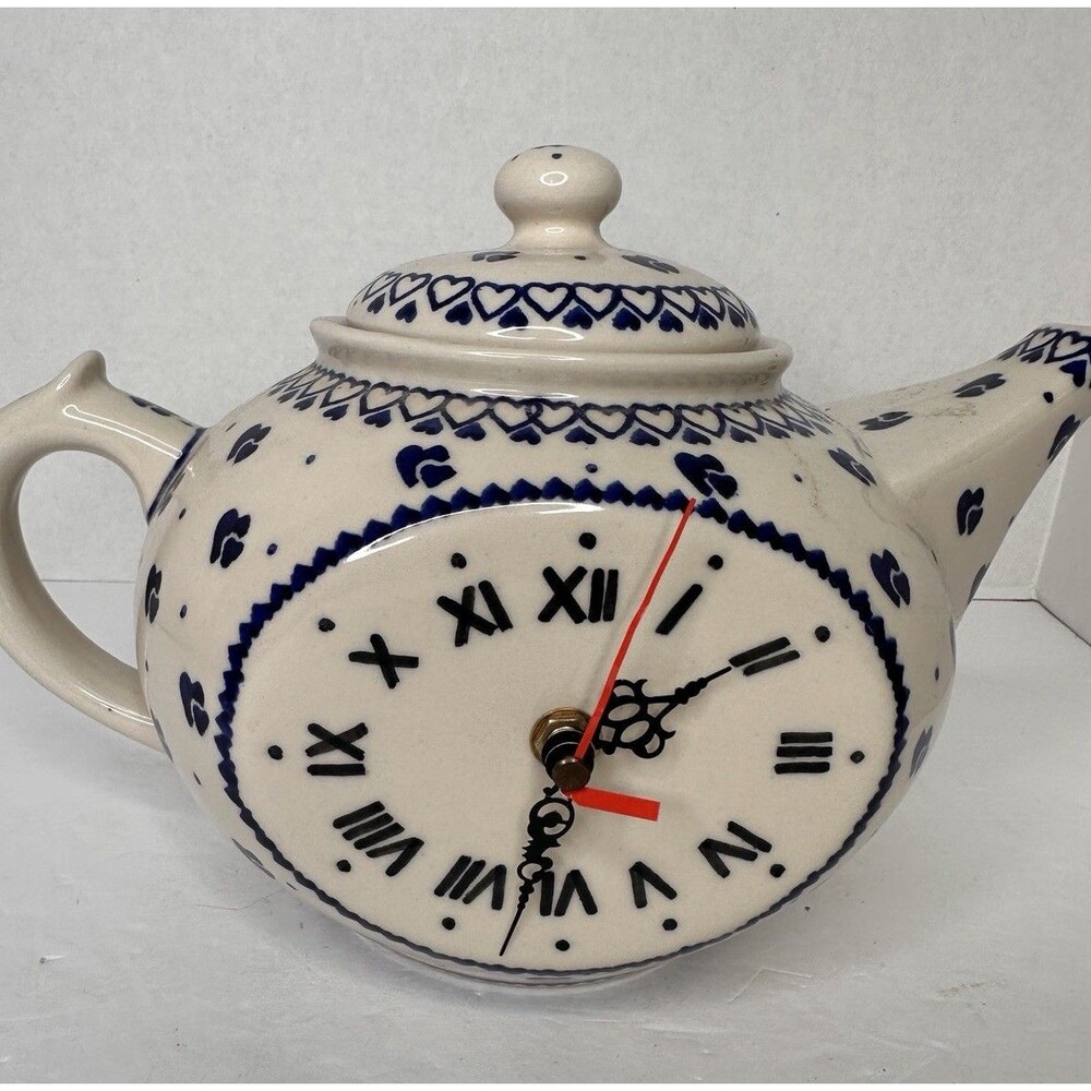 Beautiful Handmade Polish Pottery Clock Teapot Blue White Made In Poland - Picture 2 of 5
